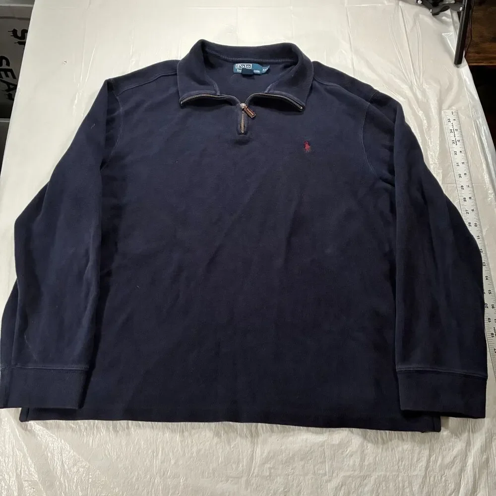 Vintage Polo Ralph Lauren Quarter Zip Sweater Navy Blue Red Pony Logo Men’s XXL
